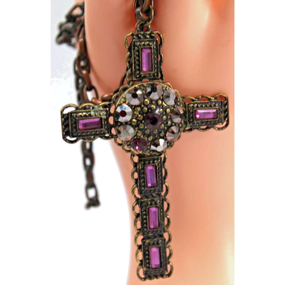 Large Ornate 3" Gothic Purple Rhinestone Cross Pendant 30" Chain Necklace